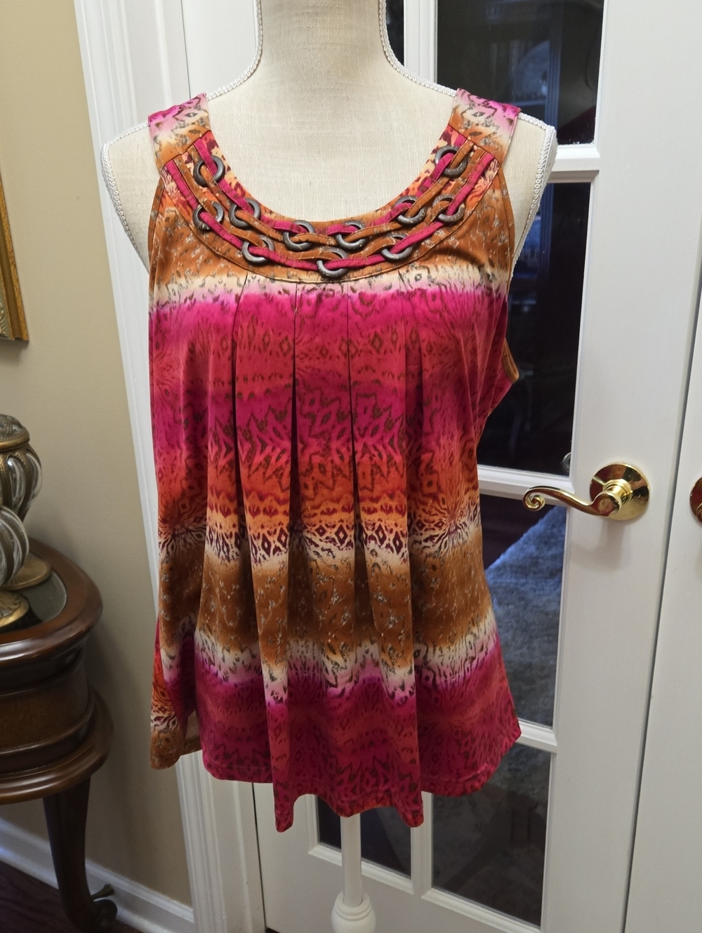 new directions Pink Brown Sleeveless Chain-Trim Top Stretch Size Large EUC